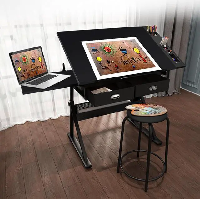 Alt view image 4 of 7 - Yaheetech Art Craft Table Drawing Table Height Adjustable Drafting Desk Work Station with Tiltable Tabletop w/Stool and 2 Storage Drawers for Reading, Writing,Studying