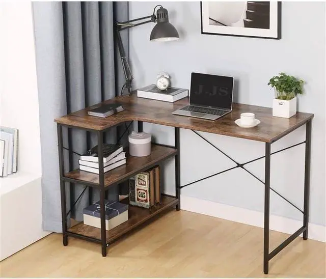 Alt view image 2 of 7 - JJS L-Shaped Home Office Corner Writing Computer Desk with Build-in Bookcase, Wood Metal Modern Study Laptop Table Workstation with Storage Shelves for Small Space, Antony Rustic Brown