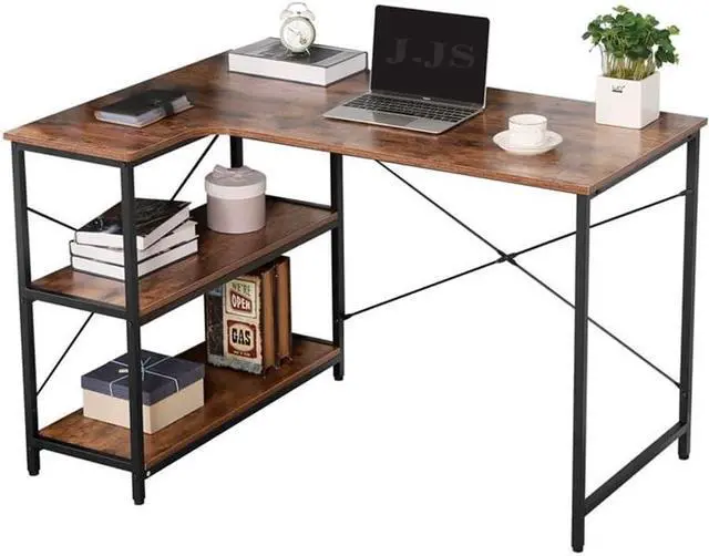 Main image of JJS L-Shaped Home Office Corner Writing Computer Desk with Build-in Bookcase, Wood Metal Modern Study Laptop Table Workstation with Storage Shelves for Small Space, Antony Rustic Brown