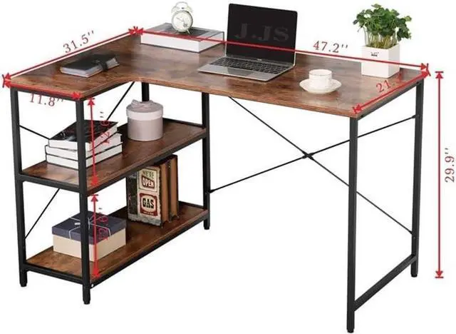 Alt view image 3 of 7 - JJS L-Shaped Home Office Corner Writing Computer Desk with Build-in Bookcase, Wood Metal Modern Study Laptop Table Workstation with Storage Shelves for Small Space, Antony Rustic Brown