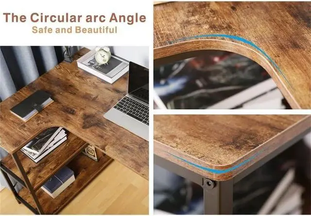 Alt view image 5 of 7 - JJS L-Shaped Home Office Corner Writing Computer Desk with Build-in Bookcase, Wood Metal Modern Study Laptop Table Workstation with Storage Shelves for Small Space, Antony Rustic Brown