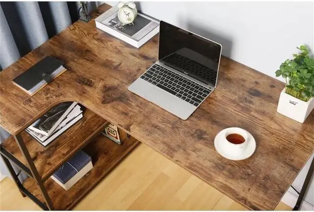 Alt view image 7 of 7 - JJS L-Shaped Home Office Corner Writing Computer Desk with Build-in Bookcase, Wood Metal Modern Study Laptop Table Workstation with Storage Shelves for Small Space, Antony Rustic Brown