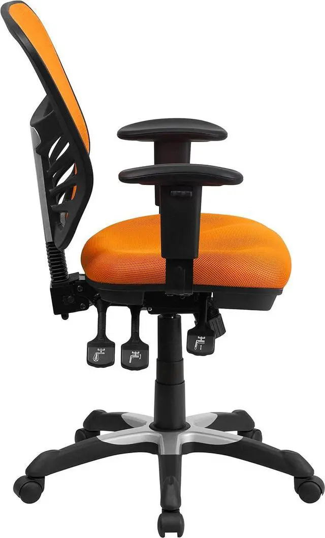 Alt view image 6 of 7 - EMMA + OLIVER Adjustable Arms Mid-Back Orange Mesh Ergonomic Office Chair | Height Adjustable, 360° Swivel