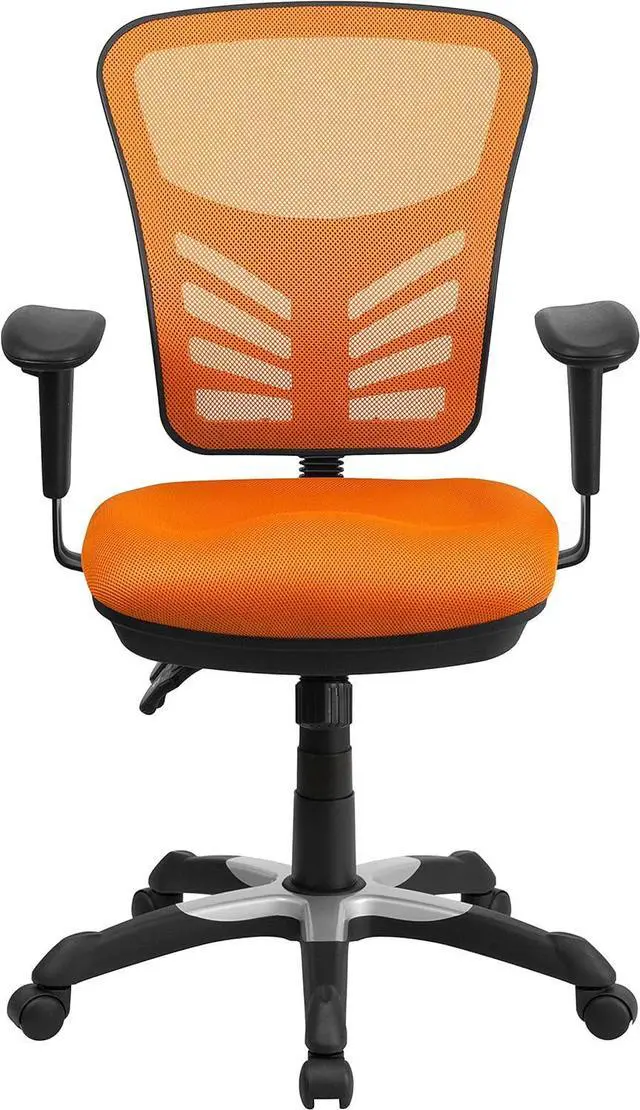 Alt view image 5 of 7 - EMMA + OLIVER Adjustable Arms Mid-Back Orange Mesh Ergonomic Office Chair | Height Adjustable, 360° Swivel