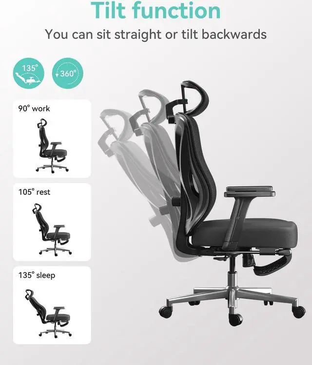 Alt view image 6 of 7 - Hbada P5 Ergonomic Office Chair, Desk Chair with Adjustable Lumbar Support and Height, Comfortable Mesh Computer Chair with Footrest 2D Headrest, Swivel Tilt Function Black