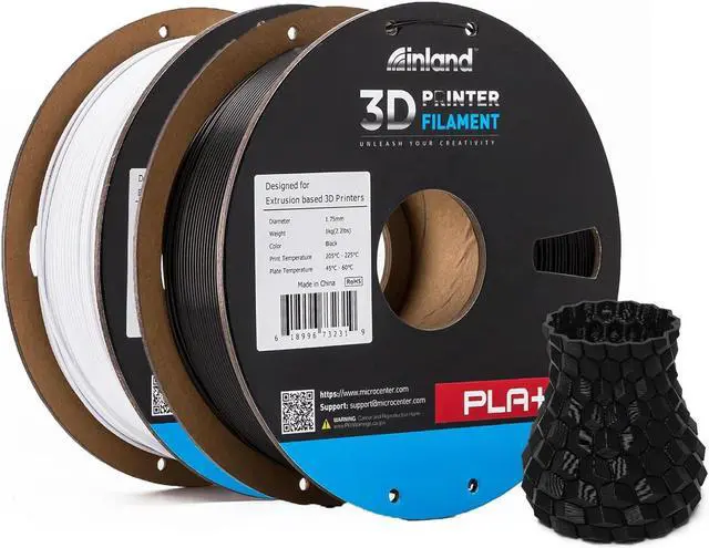 Main image of INLAND Micro Center PLA+ 3D Printing Filament 1.75mm - PLA Pro Dimensional Accuracy +/- 0.03 mm - 1kg Cardboard Spool (2.2 lbs) (2 Pack Black & White, 1.75mm)