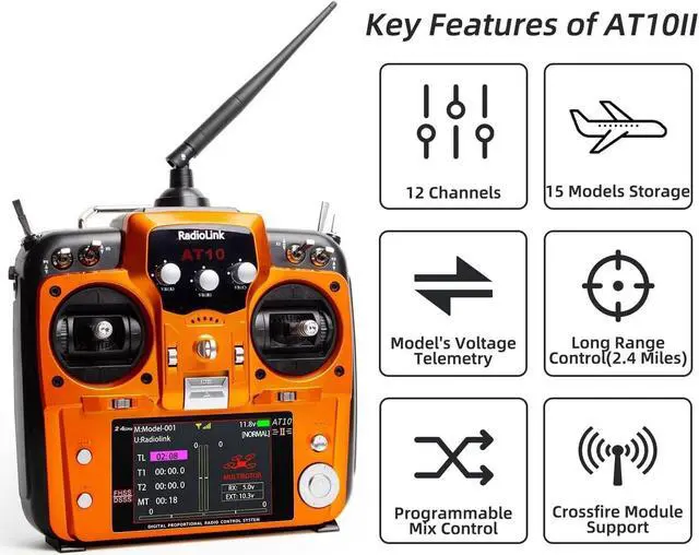 Alt view image 2 of 7 - Radiolink AT10II 12 Channels RC Transmitter and Receiver R12DS 2.4GHz Radio Remote, Voltage Telemetry for RC Airplane, FPV Racing Drone, Quad, Helicopter, Car and Boat (Mode 2 Left-Hand Throttle)