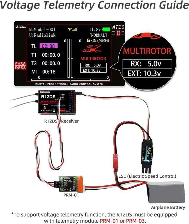 Alt view image 5 of 7 - Radiolink AT10II 12 Channels RC Transmitter and Receiver R12DS 2.4GHz Radio Remote, Voltage Telemetry for RC Airplane, FPV Racing Drone, Quad, Helicopter, Car and Boat (Mode 2 Left-Hand Throttle)