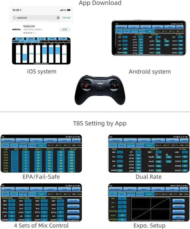 Alt view image 4 of 7 - Radiolink T8S 8 Channels 2.4G RC Transmitter and Receiver 8CH R8EF RX, Radio Remote Controller, Built-in Rechargeable 1S Battery for Quad Drone/Airplane/Car/Boat/Robot and More (Mode 2 Left Throttle)