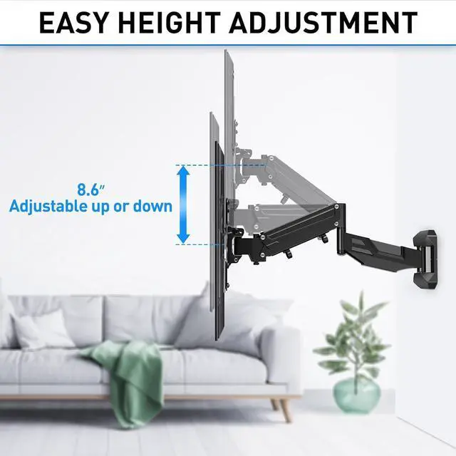 Alt view image 5 of 7 - Height Adjustable TV Wall Mount for 26-55 Inch TVs Gas Spring Full Motion Articulating TV Bracket with Smooth Swivel Tilt & Safe Corner Installation 400x400mm VESA 11-66 lbs Textured Black