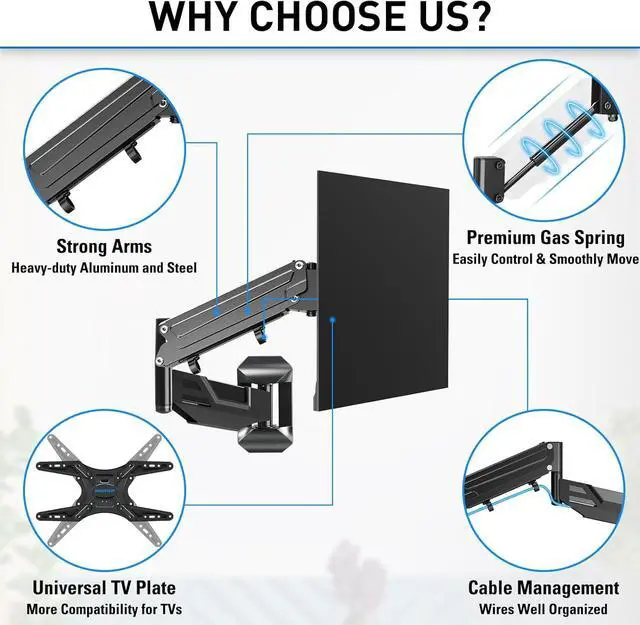 Alt view image 6 of 7 - Height Adjustable TV Wall Mount for 26-55 Inch TVs Gas Spring Full Motion Articulating TV Bracket with Smooth Swivel Tilt & Safe Corner Installation 400x400mm VESA 11-66 lbs Textured Black