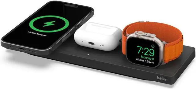 Main image of Belkin MagSafe 3-in-1 Wireless Charging Pad - Fast Wireless Charging for Apple Watch, iPhone 14, iPhone 13 & iPhone 12 Series, & AirPods - MagSafe Charging Station for Multiple Devices - Black