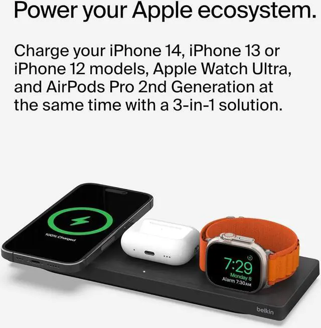 Alt view image 4 of 7 - Belkin MagSafe 3-in-1 Wireless Charging Pad - Fast Wireless Charging for Apple Watch, iPhone 14, iPhone 13 & iPhone 12 Series, & AirPods - MagSafe Charging Station for Multiple Devices - Black