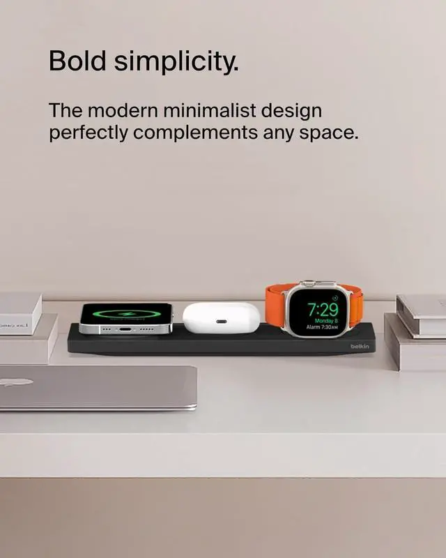 Alt view image 6 of 7 - Belkin MagSafe 3-in-1 Wireless Charging Pad - Fast Wireless Charging for Apple Watch, iPhone 14, iPhone 13 & iPhone 12 Series, & AirPods - MagSafe Charging Station for Multiple Devices - Black