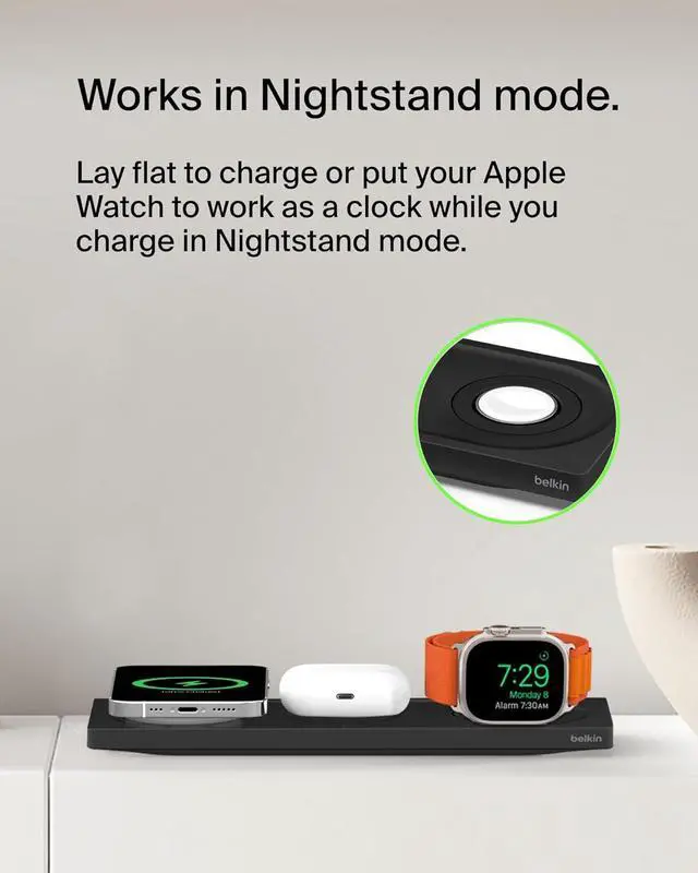 Alt view image 7 of 7 - Belkin MagSafe 3-in-1 Wireless Charging Pad - Fast Wireless Charging for Apple Watch, iPhone 14, iPhone 13 & iPhone 12 Series, & AirPods - MagSafe Charging Station for Multiple Devices - Black