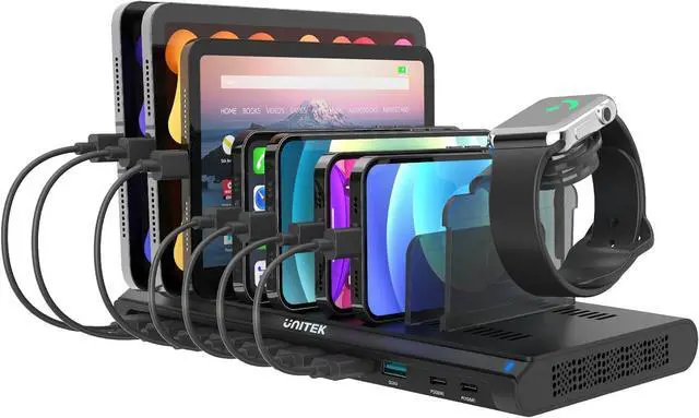 Main image of Multi USB Charging Station Unitek 96W 10 Ports Fast Charging Dock with 2 QC 3.0 & 2 PD 18W Charger Station Organizer for Multiple Devices Designed for iPad, iPhone, Tablet, iwatch, Laptop