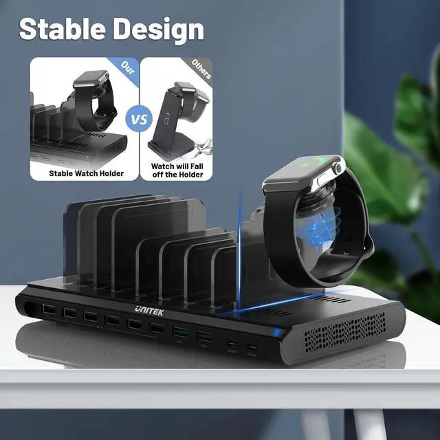 Alt view image 6 of 7 - Multi USB Charging Station Unitek 96W 10 Ports Fast Charging Dock with 2 QC 3.0 & 2 PD 18W Charger Station Organizer for Multiple Devices Designed for iPad, iPhone, Tablet, iwatch, Laptop
