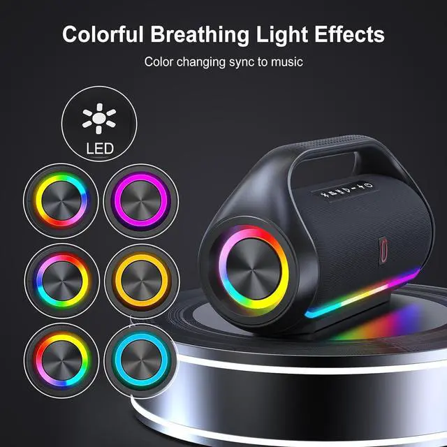 Alt view image 3 of 7 - Bluetooth Speaker, IPX5 Waterproof Portable Bluetooth Speaker with Powerful Bass & LED Lights, BT5.3, Wireless Stereo Pairing for Home Party, Beach, Outdoor Camping, Support USB/TF Card/AUX/TWS