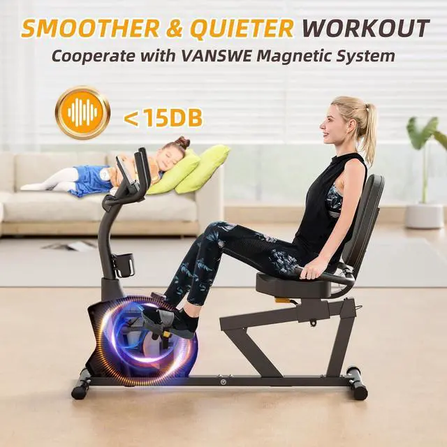 Alt view image 4 of 7 - VANSWE Recumbent Exercise Bike, Recumbent Stationary Bikes for Home 400 LBS Weight Capacity, Exercise Bike for Home Seniors with Smart App and Bluetooth Connectivity, LED Display, Pulse Handle