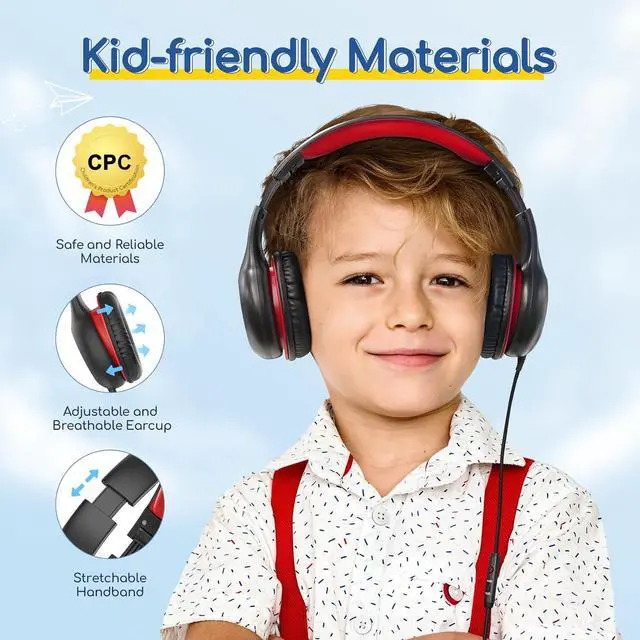 Alt view image 4 of 7 - EarFun Kids Headphones Wired with Microphone, 85/94dB Volume Limit Portable Headphones for Kids with Shareport, Stereo Sound Foldable Headset for School/Tablet/iPad/Kindle, Black Red