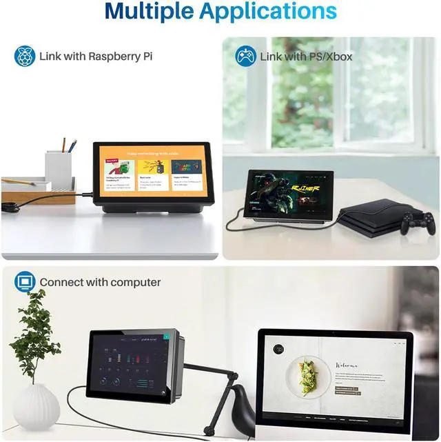 Alt view image 4 of 7 - Unew Portable 7 inch Touch LCD Raspberry Pi 4 5 Screen Industrial Monitor 1024x600 Support HDMI Type-C Display For Laptop Pie 3/4 Banana Orange Pi