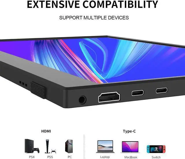 Alt view image 4 of 6 - Unew 15.6 inch Portable Monitor 1920x1080 Mobile Display Lightweight Thin Cover 60Hz IPS LCD Panel Type-C HDMI for Gaming Xbox Switch PS 5 4 Extra Second screen