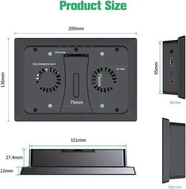 Alt view image 6 of 7 - Unew 8 Raspberry Pi Monitor 1280x800 16:10 Widescreen Ratio 60Hz HDMI USB Type-C Interface for Raspberry Pi 4 3 DIY Projects Surveillance Display Monitors 12V Power Charger + Fan