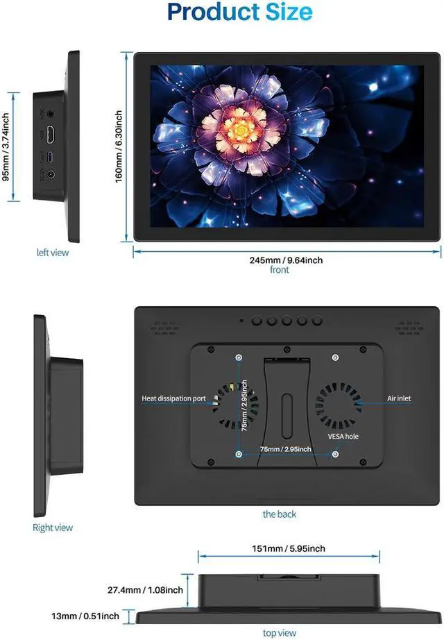 Alt view image 2 of 7 - Unew 10.1 inch Raspberry Pi Touchscreen Monitor 1280x800 HD IPS LCD Display Built-in 1 Fan and 2 Speakers Suit for Type-C USB HDMI Support Pi 5/4 Banana Orange Pi Kodi Windows