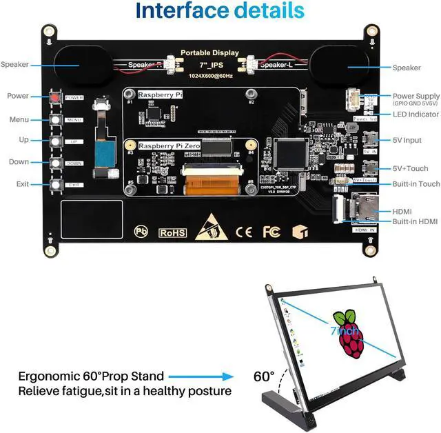 Alt view image 4 of 7 - Unew Portable Monitor 7 inch Raspberry Pi 4 3 A+ Touchscreen 1024X600 IPS Display Speaker USB HDMI Computer Monitors Banana Pi No Shell Screen