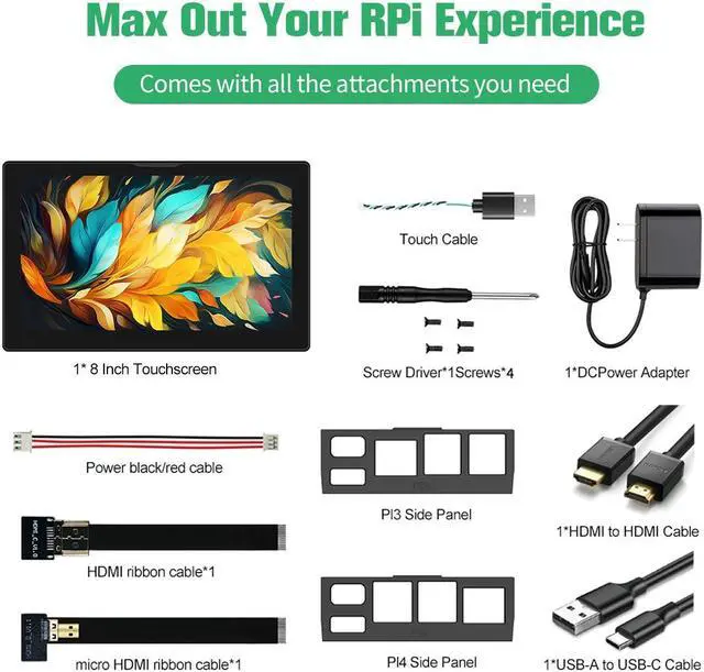 Alt view image 7 of 7 - Unew 8 Raspberry Pi Monitor 1280x800 16:10 Widescreen Ratio 60Hz HDMI USB Type-C Interface for Raspberry Pi 4 3 DIY Projects Surveillance Display Monitors 12V Power Charger + Fan