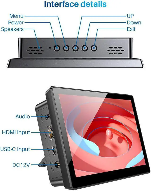 Alt view image 6 of 7 - Unew Portable 7 inch Touch LCD Raspberry Pi 4 5 Screen Industrial Monitor 1024x600 Support HDMI Type-C Display For Laptop Pie 3/4 Banana Orange Pi