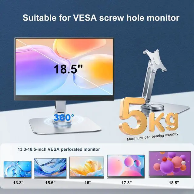Alt view image 3 of 7 - Unew Portable Monitor Stand Aluminum Alloy Desktop 360 ° Rotation, VESA 75x75mm Suitable for 10~18.5 inch Monitor M4 Screws 5KG Load Capacity Ultra Stable Hold for Laptop Tablet Silver