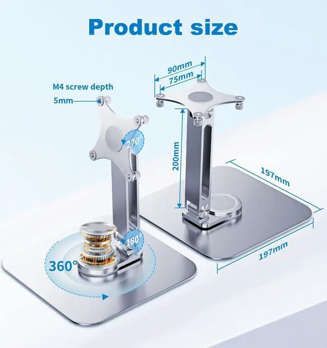 Alt view image 4 of 7 - Unew Portable Monitor Stand Aluminum Alloy Desktop 360 ° Rotation, VESA 75x75mm Suitable for 10~18.5 inch Monitor M4 Screws 5KG Load Capacity Ultra Stable Hold for Laptop Tablet Silver