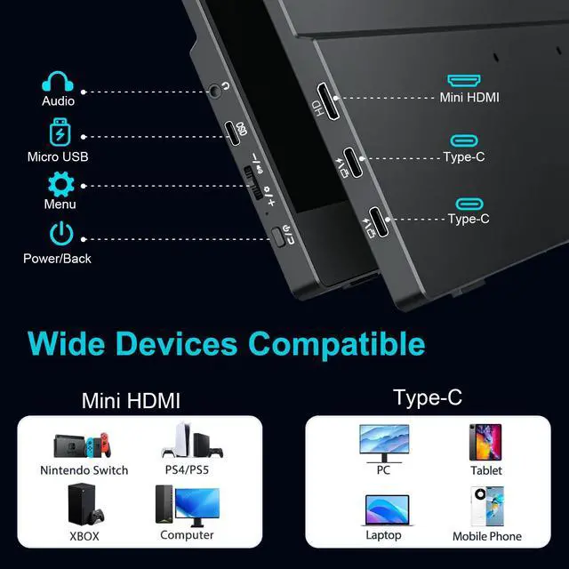 Alt view image 4 of 6 - Unew 15.6 inch Portable Gaming Monitor 1920x1080 120Hz FHD IPS Screen High Refresh Monitor HDMI Type-C for Xbox Switch PS4/5 Laptop Second Display Smart Phone