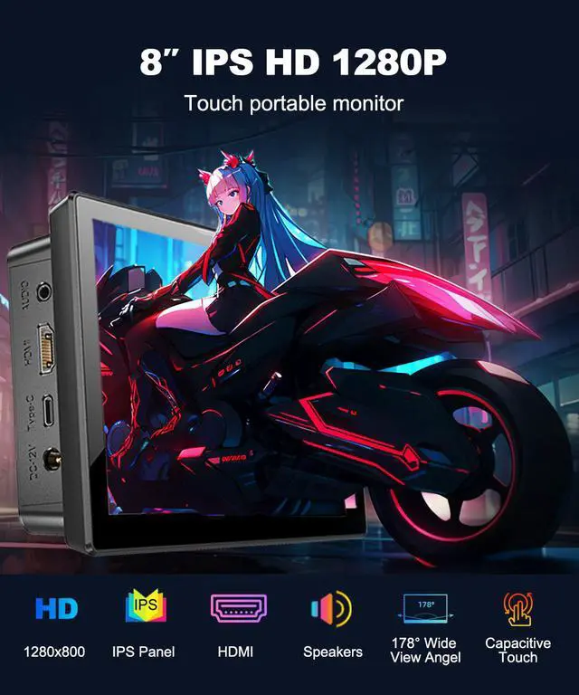 Alt view image 2 of 7 - 8 Inch 1280×800 IPS Touch Portable Monitor with HDMI TypeC Input for Laptop Switch Camera Gaming