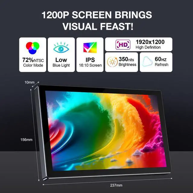 Alt view image 2 of 7 - Unew 10.1 Inch 1920×1200 IPS Portable Monitor, 60Hz TypeC MiniHDMI External Second Screen with Dual Speakers VESA Mountable
