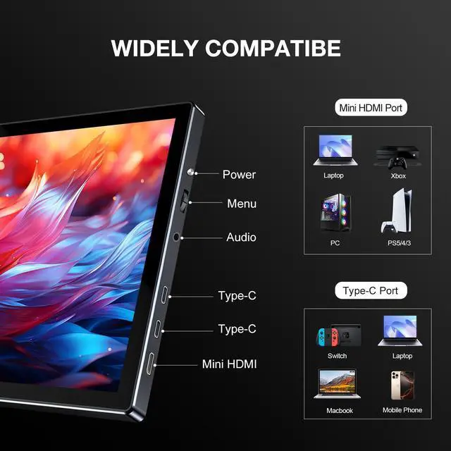 Alt view image 3 of 7 - Unew 10.1 Inch 1920×1200 IPS Portable Monitor, 60Hz TypeC MiniHDMI External Second Screen with Dual Speakers VESA Mountable