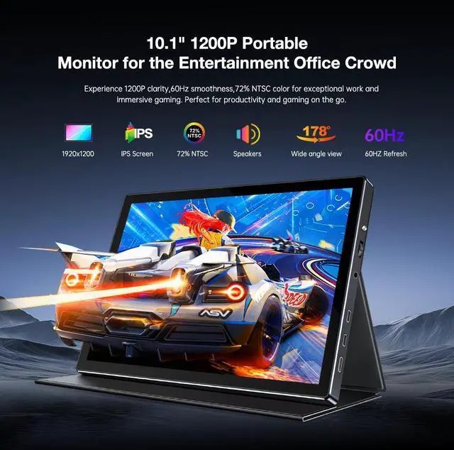 Alt view image 7 of 7 - Unew 10.1 Inch 1920×1200 IPS Portable Monitor, 60Hz TypeC MiniHDMI External Second Screen with Dual Speakers VESA Mountable