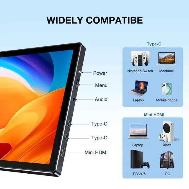 Alt view image 3 of 7 - Unew 10.1 Inch 1920×1200 IPS Touch Portable Monitor, TypeC HDMI External Second Screen with Dual Speakers & VESA Mount