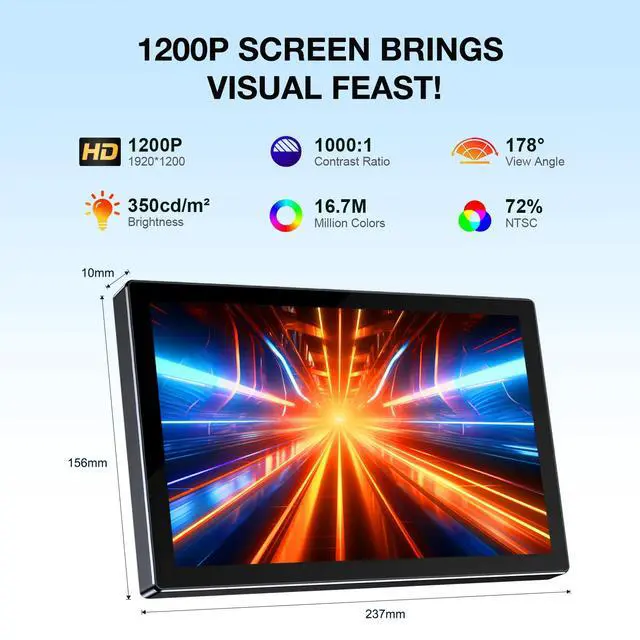 Alt view image 2 of 7 - Unew 10.1 Inch 1920×1200 IPS Touch Portable Monitor, TypeC HDMI External Second Screen with Dual Speakers & VESA Mount