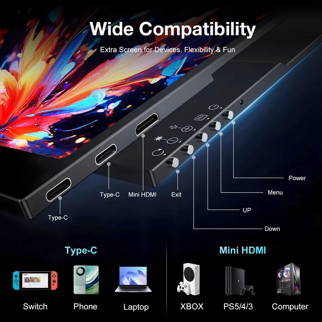 Alt view image 4 of 7 - Unew 14 Inch 2880×1800 3K OLED Portable Monitor, 120Hz 0.1ms TypeC MiniHDMI External Gaming Display with 100% DCIP3