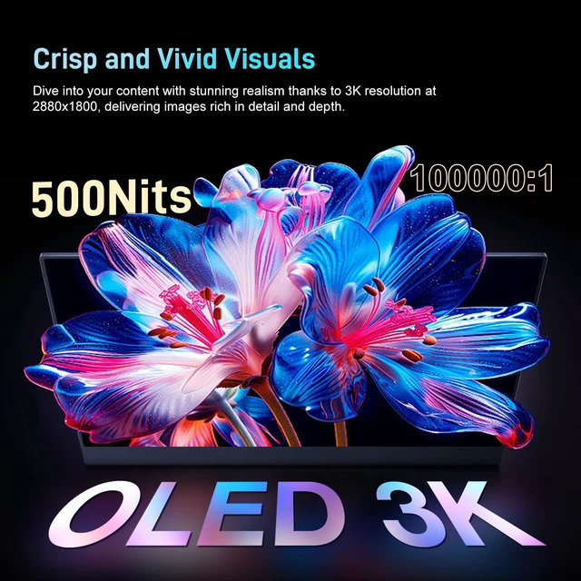 Alt view image 5 of 7 - Unew 14 Inch 2880×1800 3K OLED Portable Monitor, 120Hz 0.1ms TypeC MiniHDMI External Gaming Display with 100% DCIP3