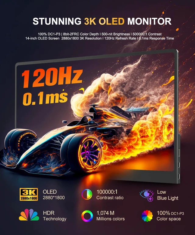 Alt view image 7 of 7 - Unew 14 Inch 2880×1800 3K OLED Portable Monitor, 120Hz 0.1ms TypeC MiniHDMI External Gaming Display with 100% DCIP3