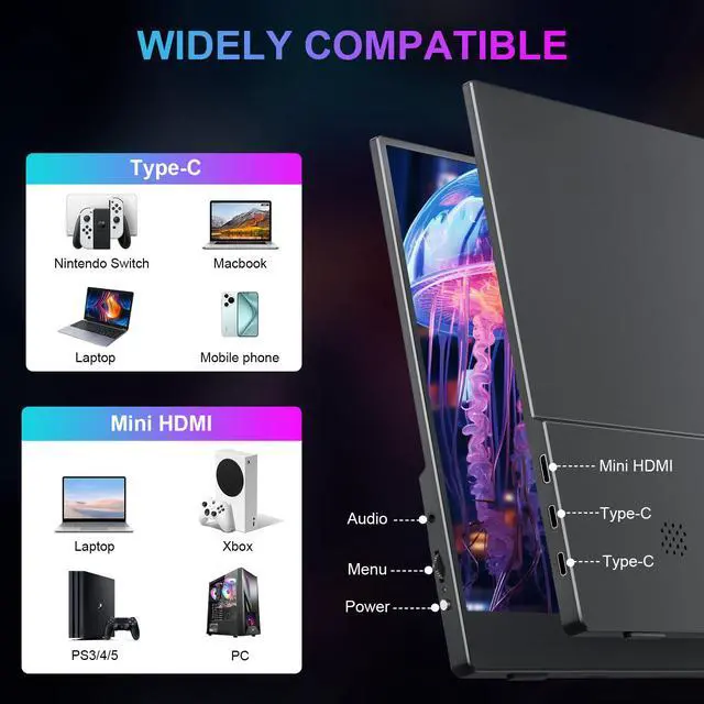 Alt view image 3 of 7 - Unew 15.6 Inch 1080P IPS Touchscreen Portable Monitor with Type-C & Mini HDMI