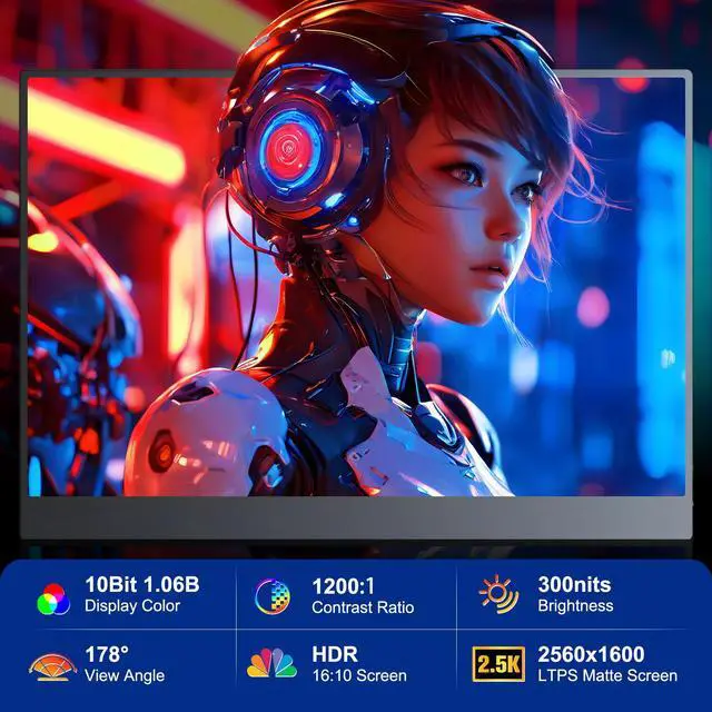 Alt view image 2 of 7 - Unew 16 Inch 2.5K 120Hz IPS Portable Monitor with Type-C & Mini HDMI