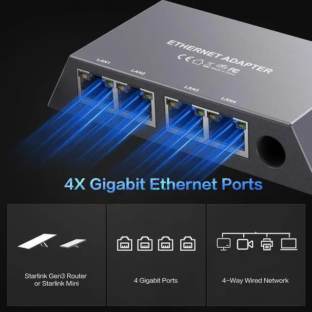 Alt view image 2 of 5 - 4-Port Gigabit Ethernet Adapter for Starlink Gen 3 / Starlink Mini, RJ45 Network Splitter