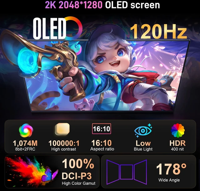 Alt view image 2 of 6 - Unew 16 Inch OLED Portable Monitor Touchscreen, 2K 2048x1280 120Hz 1ms Gaming Display, 100% DCI-P3 400 Nits HDR, USB-C Mini HDMI Second Screen with VESA for Laptop PC PS5 Xbox Switch Phone