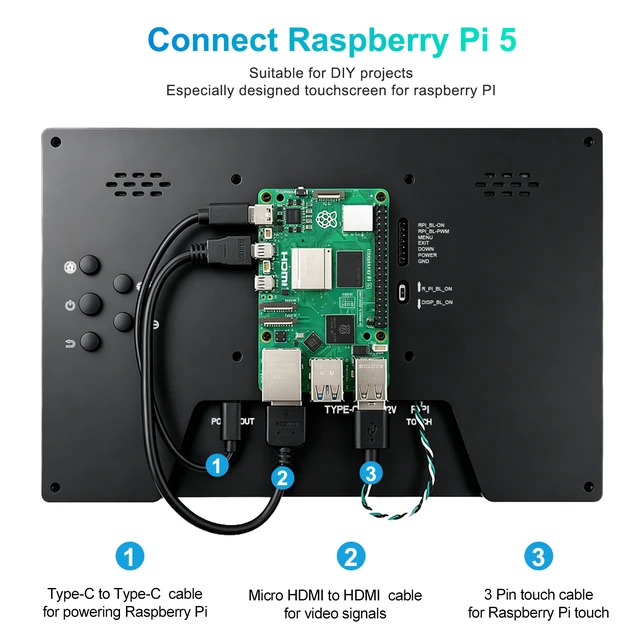 Alt view image 4 of 7 - Unew 10.1 Inch 1920x1200 IPS Touchscreen Portable Monitor, Raspberry Pi 5/4B/3B HDMI Type-C, 10-Point Touch, Dual Speakers