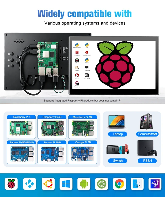 Alt view image 7 of 7 - Unew 10.1 Inch 1920x1200 IPS Touchscreen Portable Monitor, Raspberry Pi 5/4B/3B HDMI Type-C, 10-Point Touch, Dual Speakers