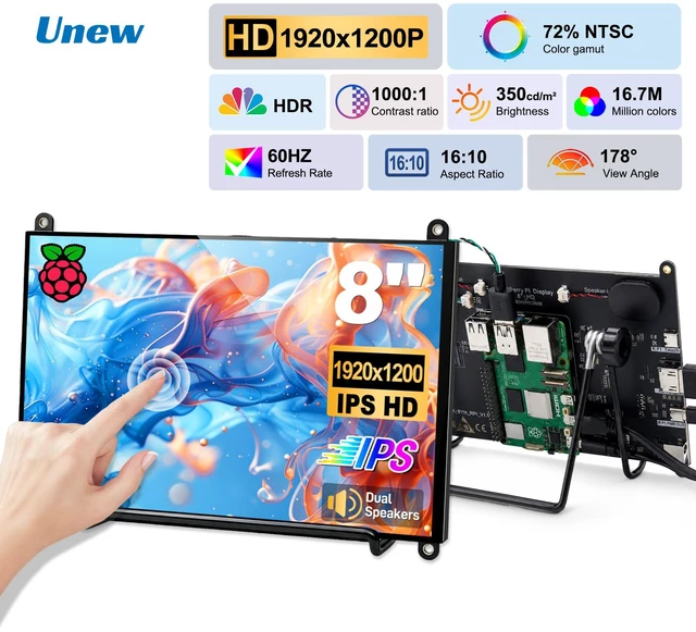 Main image of Unew 8 Inch Raspberry Pi Touchscreen Monitor, 1920x1200 IPS Portable Small HDMI Monitor with Dual Speakers, 60Hz 350 Nits 16:10 Touch Screen Display for Raspberry Pi 5 4B 3B, Windows Mac PC Laptop